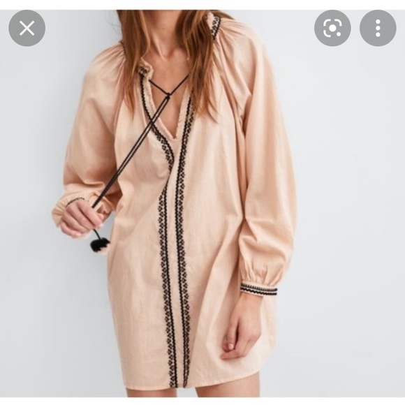 Zara trf Collection Embroidered Long Sleeve Tunic with Pom-Pom Tie - Picture 2 of 13